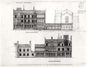 West and North Elevations, New School, Rugby School, 1867 (černý inkoust, tužka a wc)